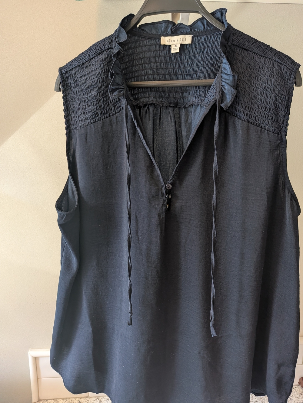 Alex and Lili Navy Sleeveless Smocked Yoke Blouse